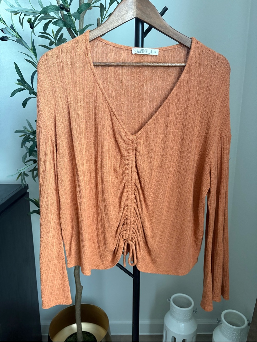 Wanderlux Women's Rust Orange Ruched V-Neck Long Sleeve Top
